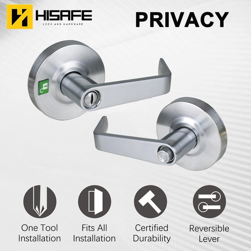 HISAFE Heavy Duty Commercial Grade 2 Privacy Door Lever, Satin Chrome Finished ADA Commercial Bathroom Door Handle, UL 3 Hour Fire Rated Ergonomic Lever, 70mm Latch - Image 2